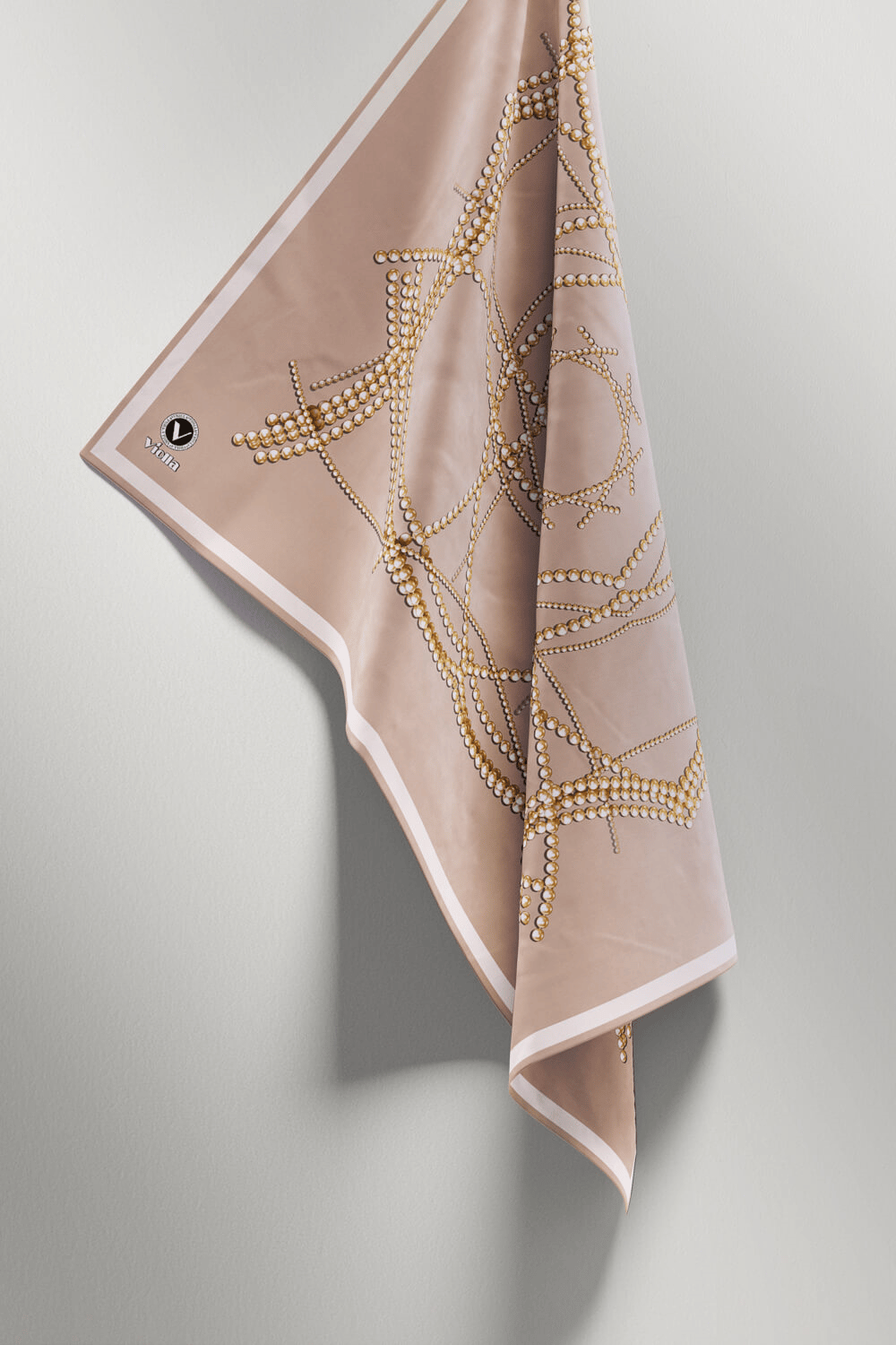 Twill Boncuk Desenli Bej Renkli 90x90 Eşarp (İpek İçermez) Kenar Dikiş Şekli El Dikişli