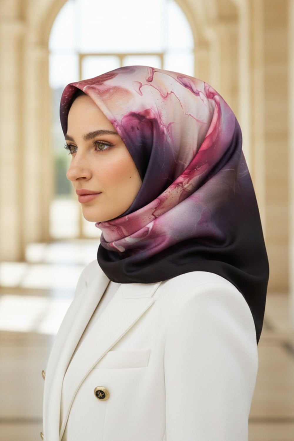 %100 Twill İpek Duman Desenli Siyah - Gold Renkli Renkli 90x90 Eşarp Dikim Şekli : El Dikişi