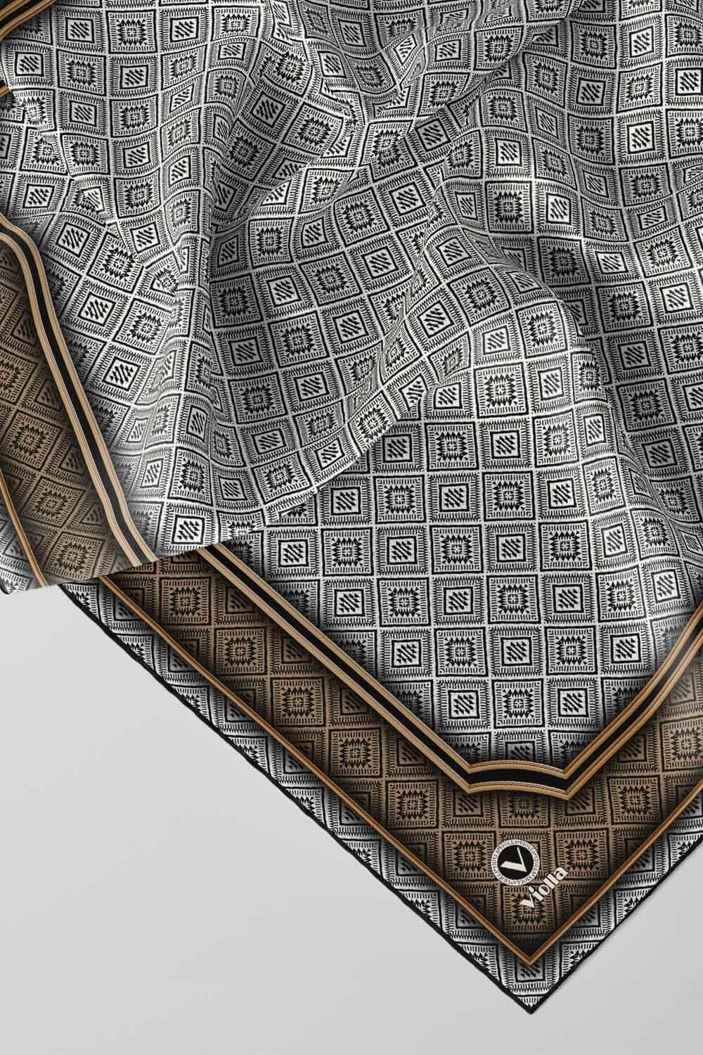 Twill Geometrik Çıtır Desenli Vizon Renkli 90x90 Eşarp (İpek İçermez) Kenar Dikiş Şekli El Dikişli