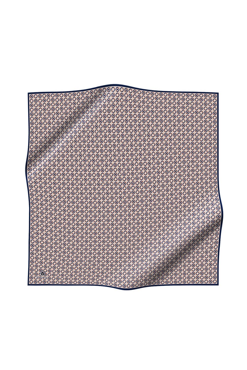 %100 Twill İpek Zincir Desenli Bej - Lacivert Renkli 90x90 Eşarp Kenar Dikiş Şekli El Dikişli