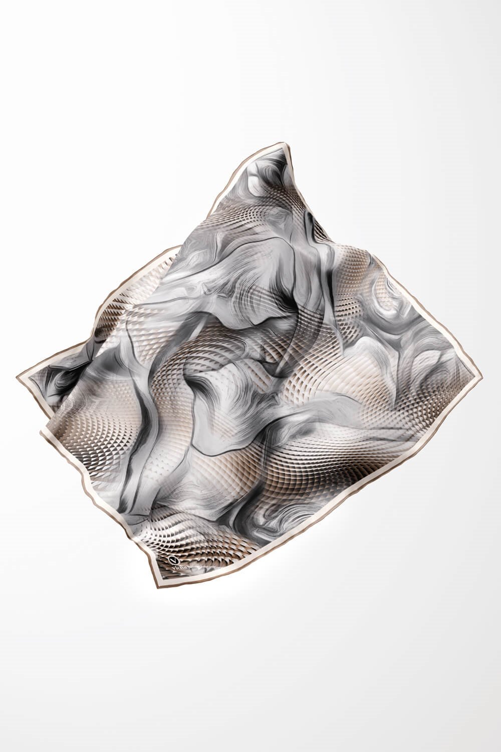 Twill Geometrik Ve Dalga Desenli Bej Renkli 90x90 Eşarp (İpek İçermez) Dikim Şekli : El Dikişi