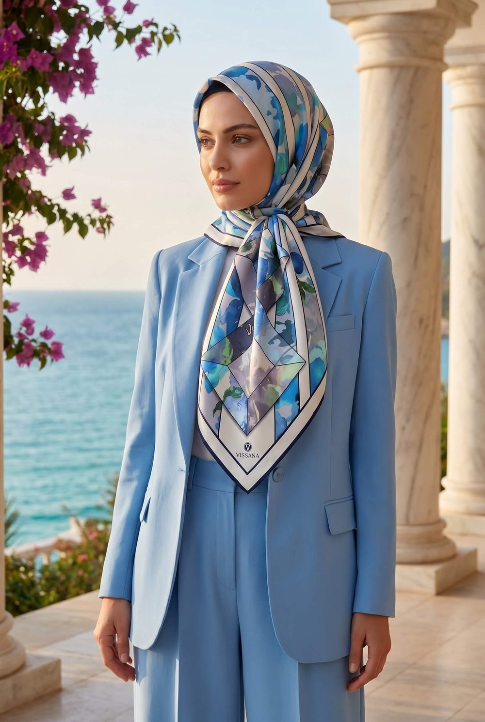 %100 Twill İpek Bahar Çiçekleri Desenli Bebe Mavisi - İndigo Renkli 90x90 Eşarp Kenar Dikiş Şekli El Dikişli