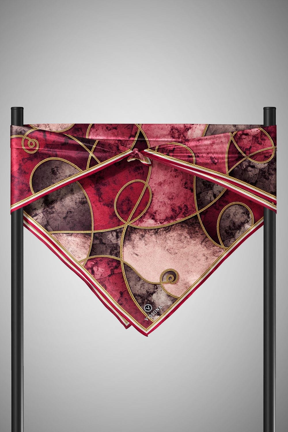 %100 Twill İpek Zincirli Mermer Desenli Bordo - Vizon Renkli 90x90 Eşarp Dikim Şekli : El Dikişi