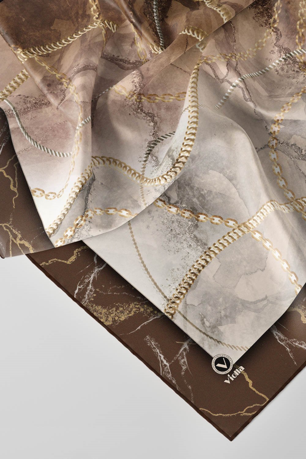 Twill Mermer ve Zincir Desenli Vizon Renkli 90x90 Eşarp (İpek İçermez) Kenar Dikiş Şekli El Dikişli