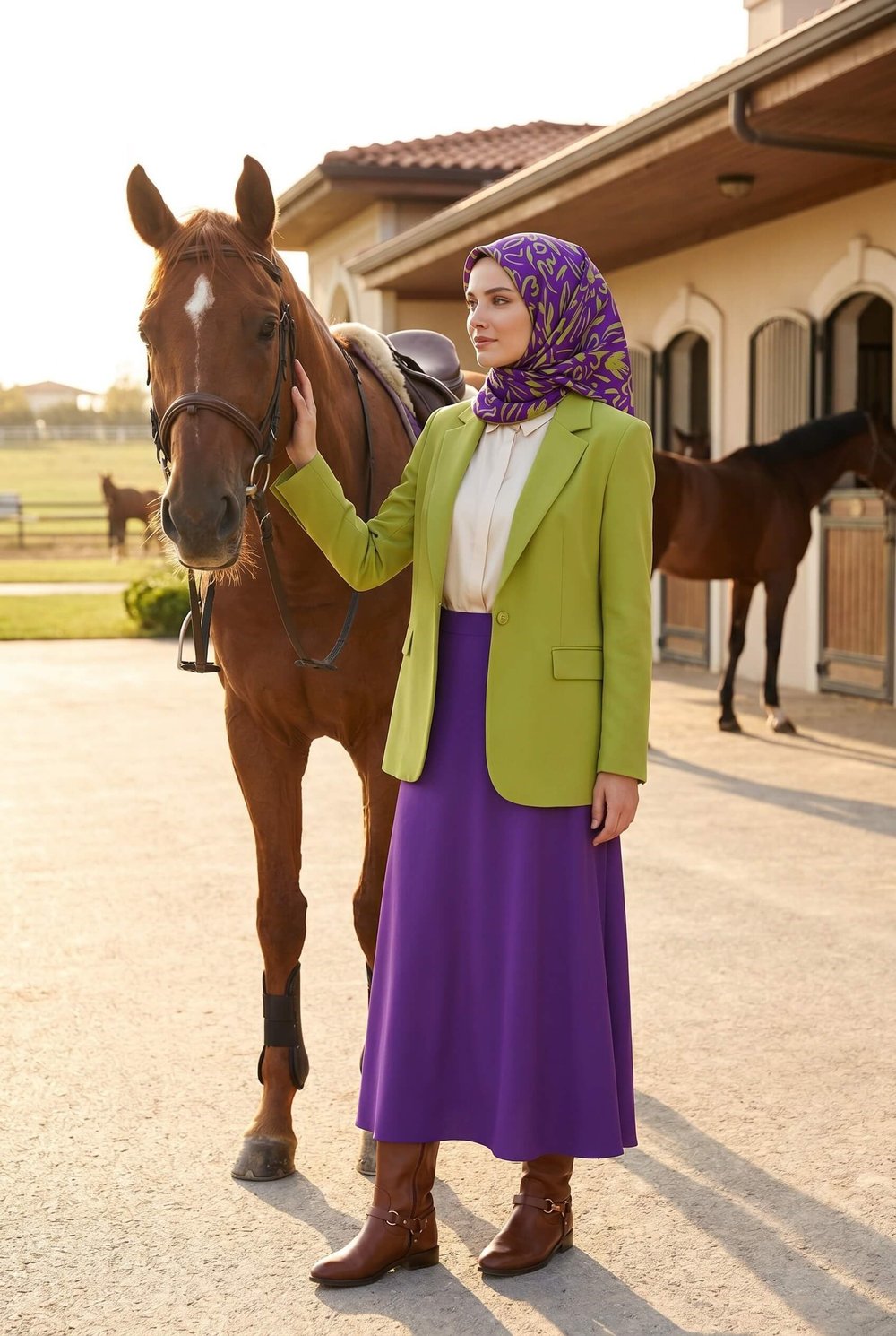 %100 Twill İpek Büyük Çiçek Desenli Mor - Haki Renkli 90x90 Eşarp Dikim Şekli : El Dikişi