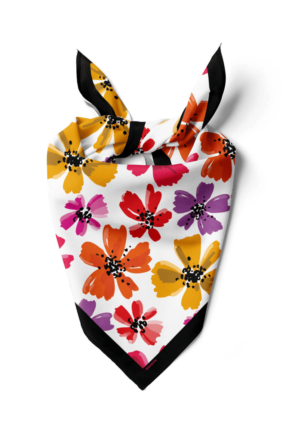 D102 Kadın Çiçek Desenli Bandana 50x50 Kırmızı Sarı DG0176-22