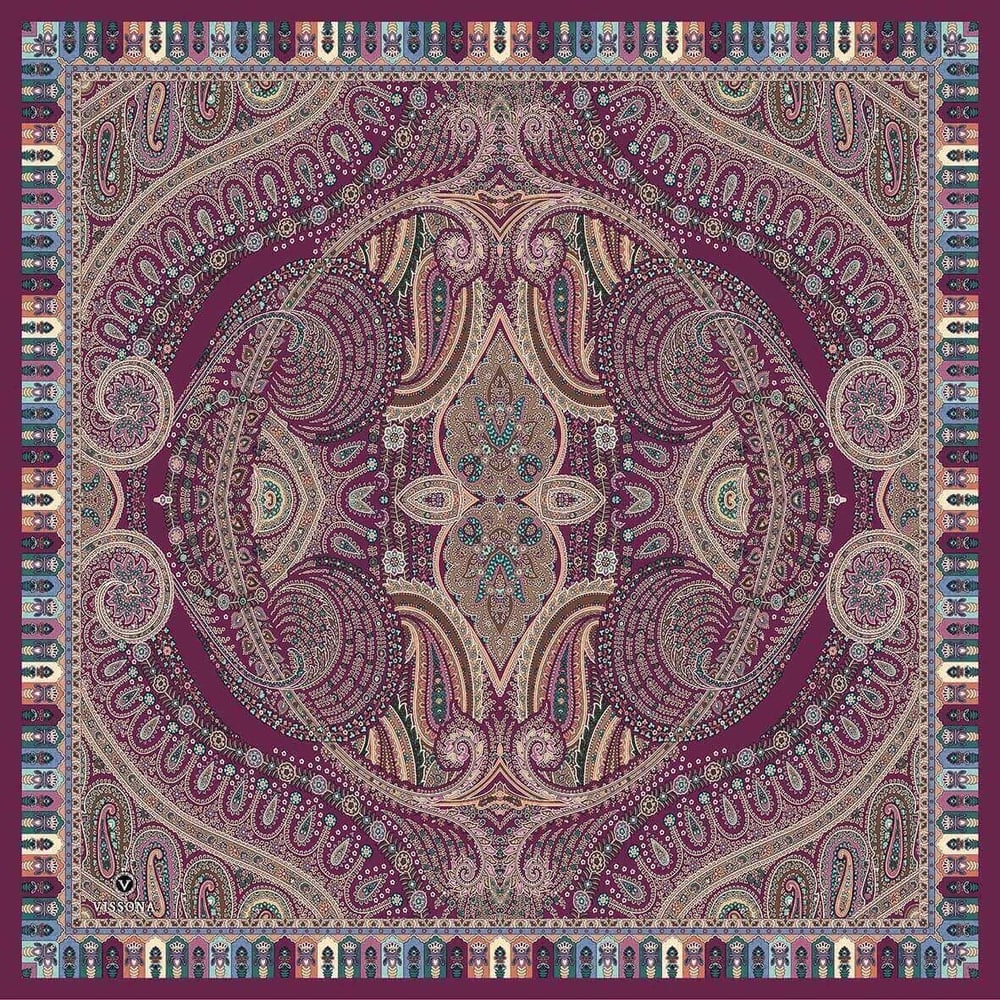 %100 Twill İpek Etro Desenli Mürdüm Renkli 90x90 Eşarp Dikim Şekli : El Dikişi