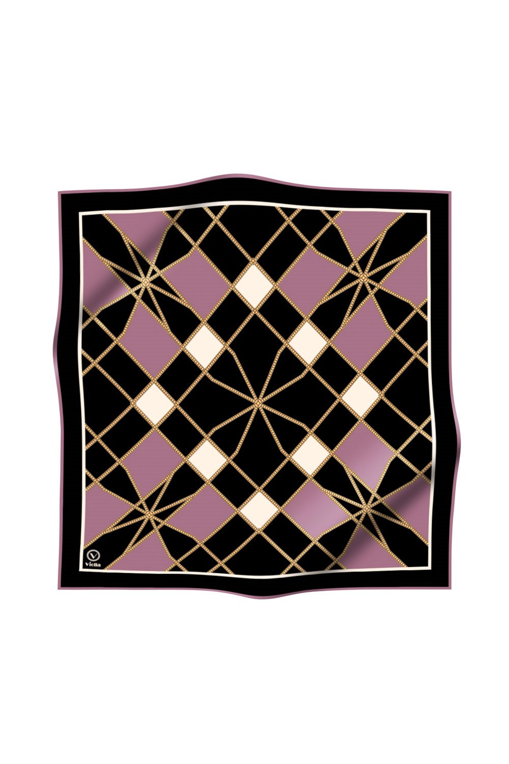Twill Gold Detaylı Geometrik Çiçekli Desenli Lila Renkli 90x90 Eşarp (İpek İçermez) Kenar Dikiş Şekli El Dikişli