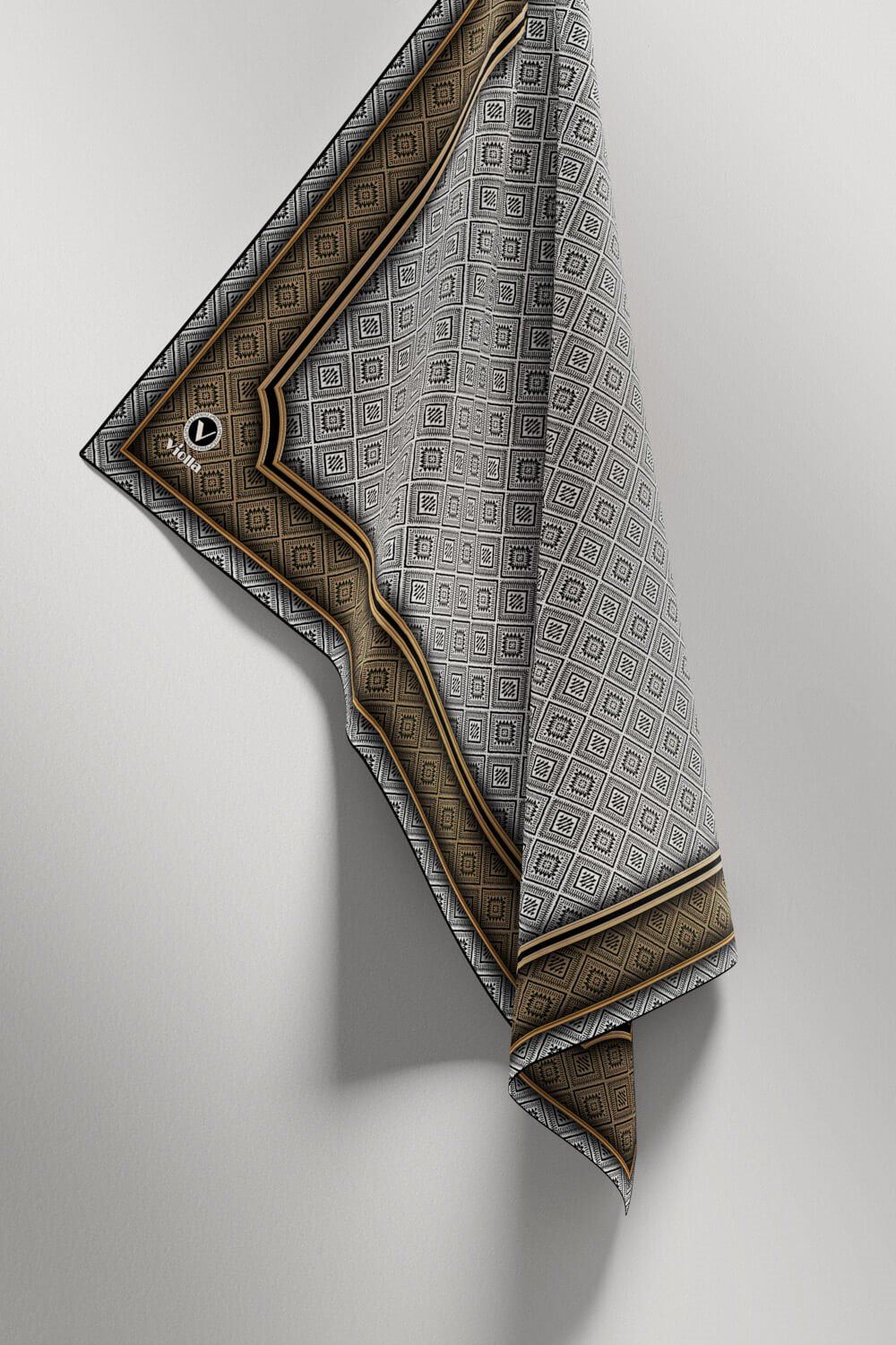 Twill Geometrik Çıtır Desenli Vizon Renkli 90x90 Eşarp (İpek İçermez) Kenar Dikiş Şekli El Dikişli