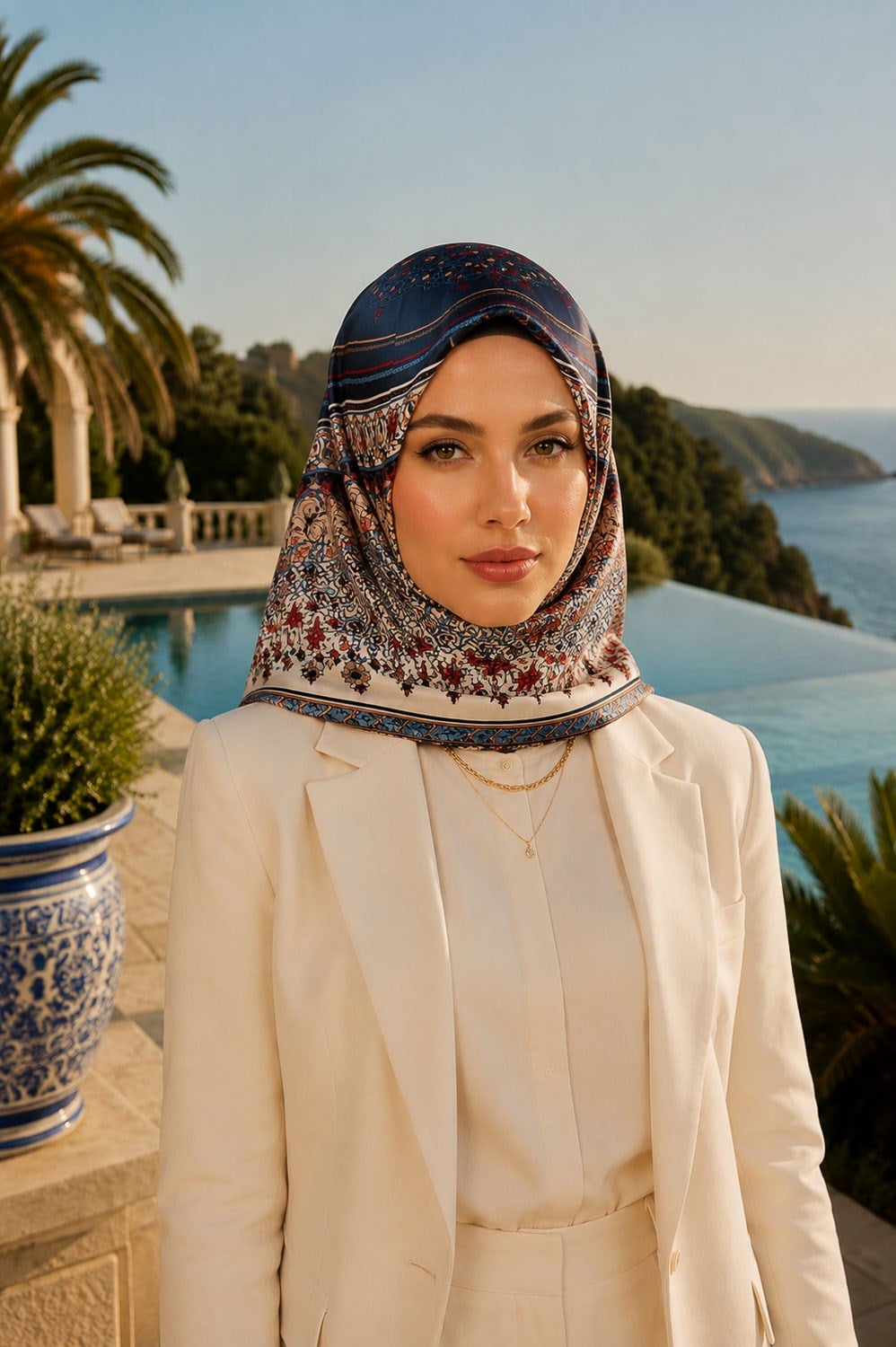 %100 Twill İpek Şal Desenli Lacivert Renkli 90x90 Eşarp Dikim Şekli : El Dikişi
