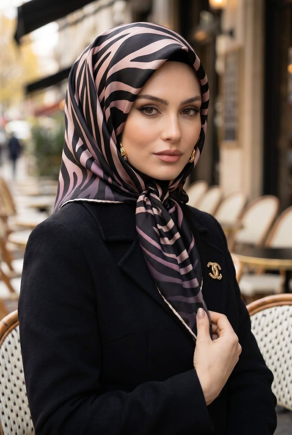 %100 Twill İpek Zebra Desenli Pudra - Siyah Renkli 90x90 Eşarp Dikim Şekli : El Dikişi
