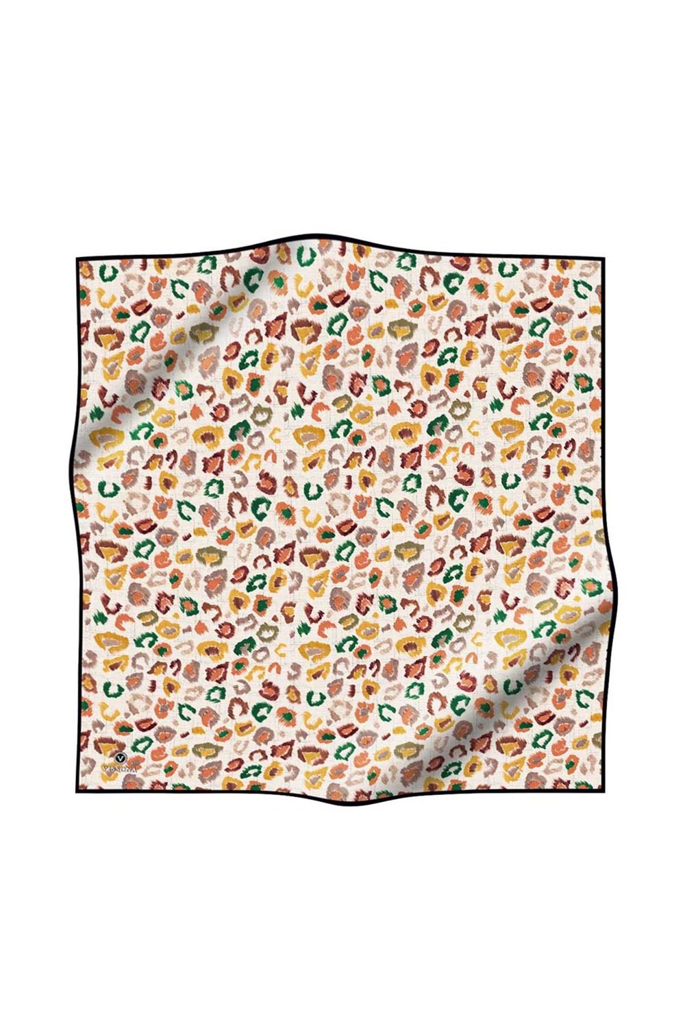 %100 Twill İpek Renkli Leopari Desenli Turuncu - Zümrüt Yeşili Renkli 90x90 Eşarp Kenar Dikiş Şekli El Dikişli