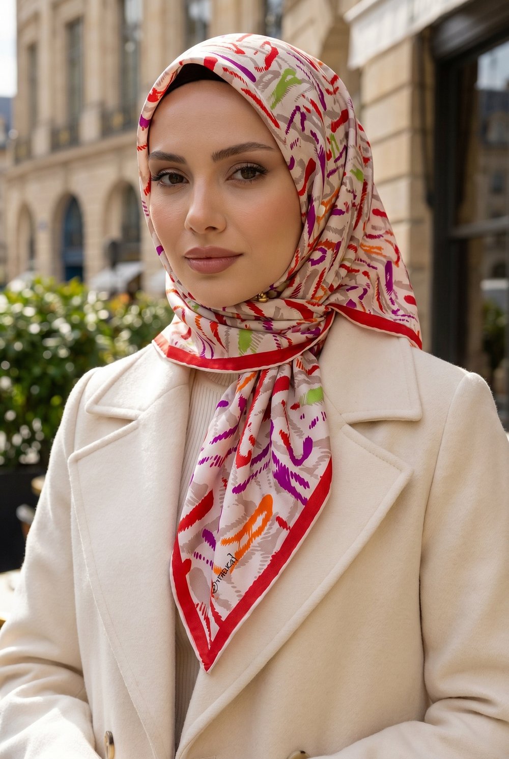%100 Twill İpek Geometrik Desenli Kırmızı- Mürdüm Renkli 90x90 Eşarp Dikim Şekli : El Dikişi