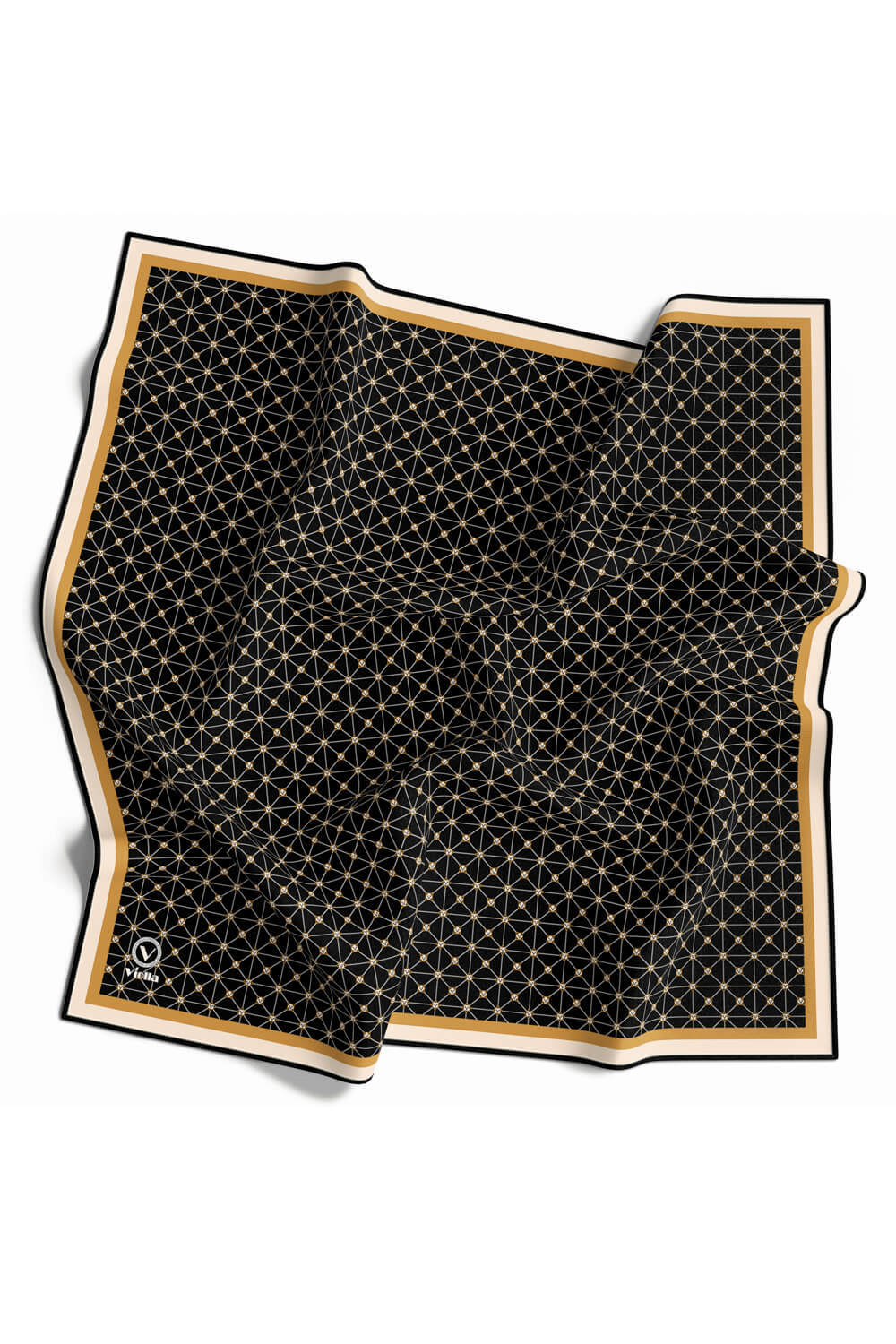 Twill Monogram Desenli Siyah - Gold Renkli 90x90 Eşarp (İpek İçermez) Kenar Dikiş Şekli El Dikişli