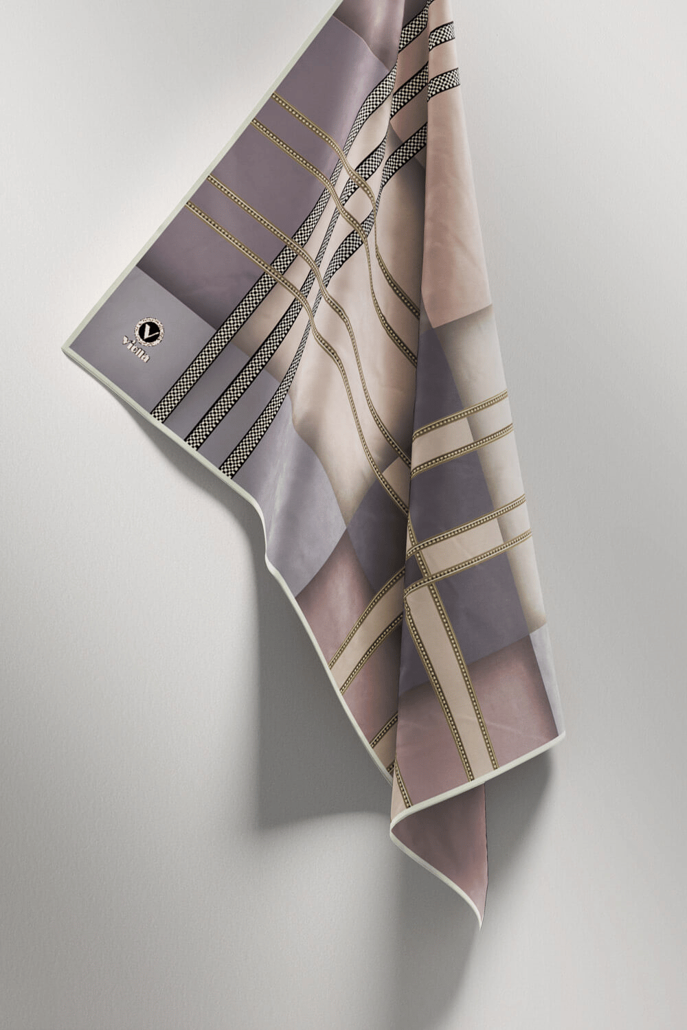 Twill Geometrik Desenli Bej Renkli 90x90 Eşarp (İpek İçermez) Kenar Dikiş Şekli El Dikişli