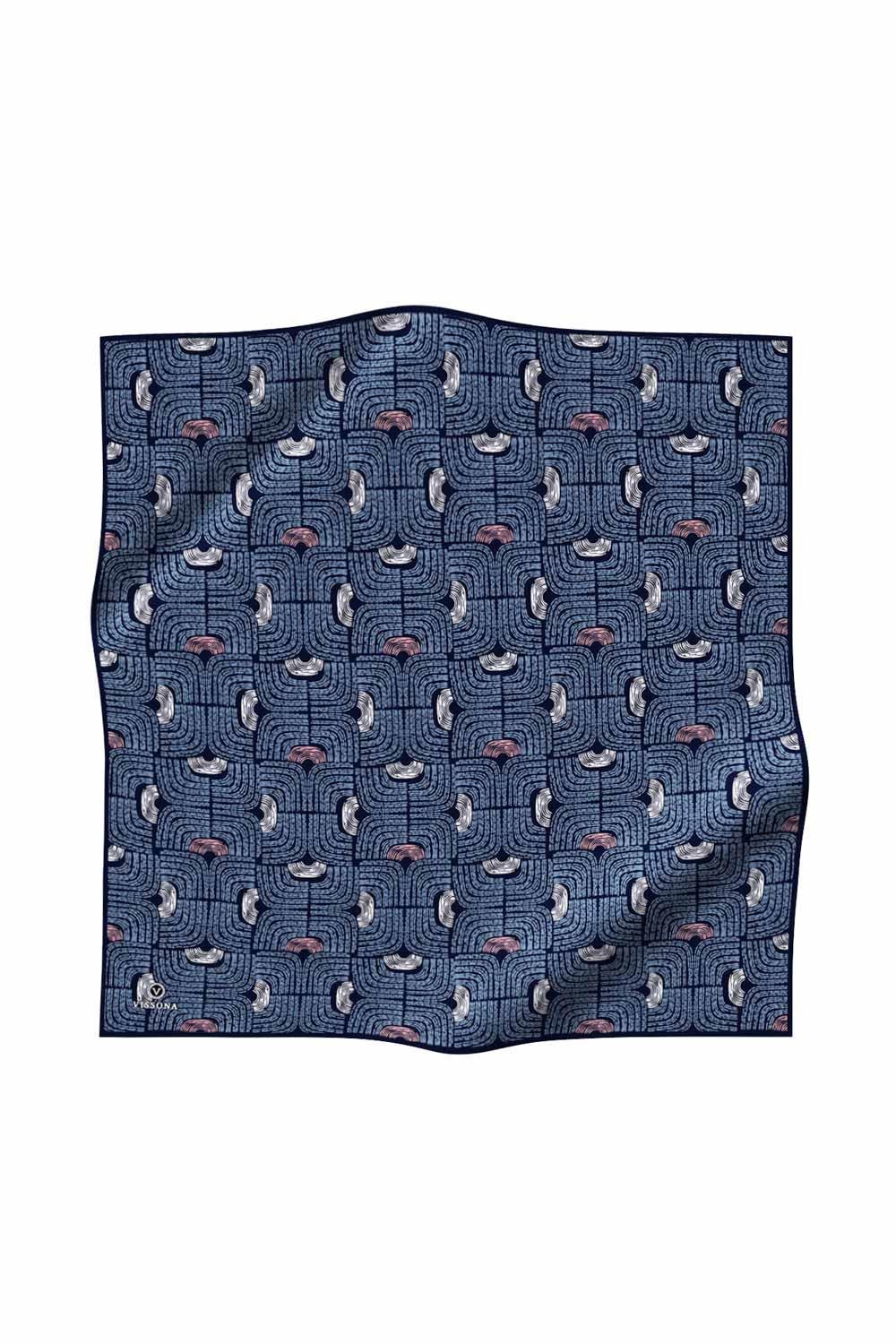 %100 Twill İpek Geometrik Desenli İndigo - Siyah Renkli 90x90 Eşarp Dikim Şekli : El Dikişi