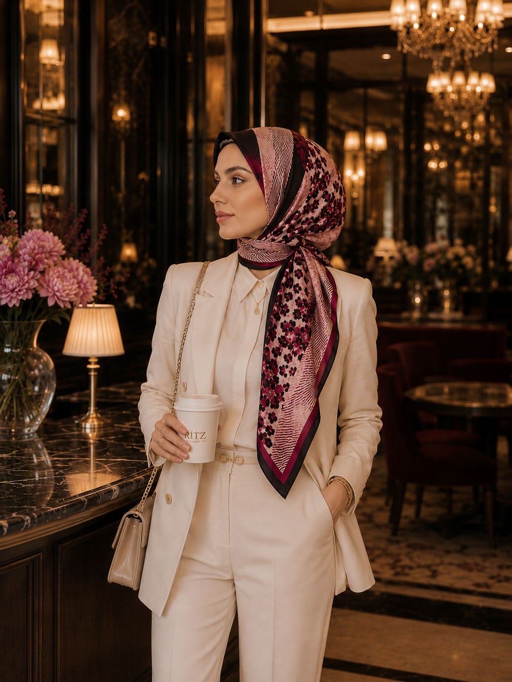 %100 Twill İpek Leopar Ve Geometrik Desenli Bordo Renkli 90x90 Eşarp Dikim Şekli : El Dikişi