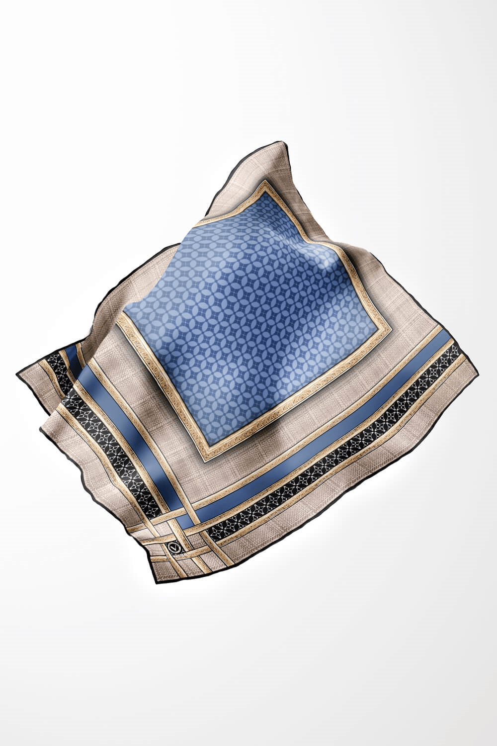 Twill Gold Bordürlü Geometrik Desenli Bebe Mavisi Renkli 90x90 Eşarp (İpek İçermez) Kenar Dikiş Şekli El Dikişli