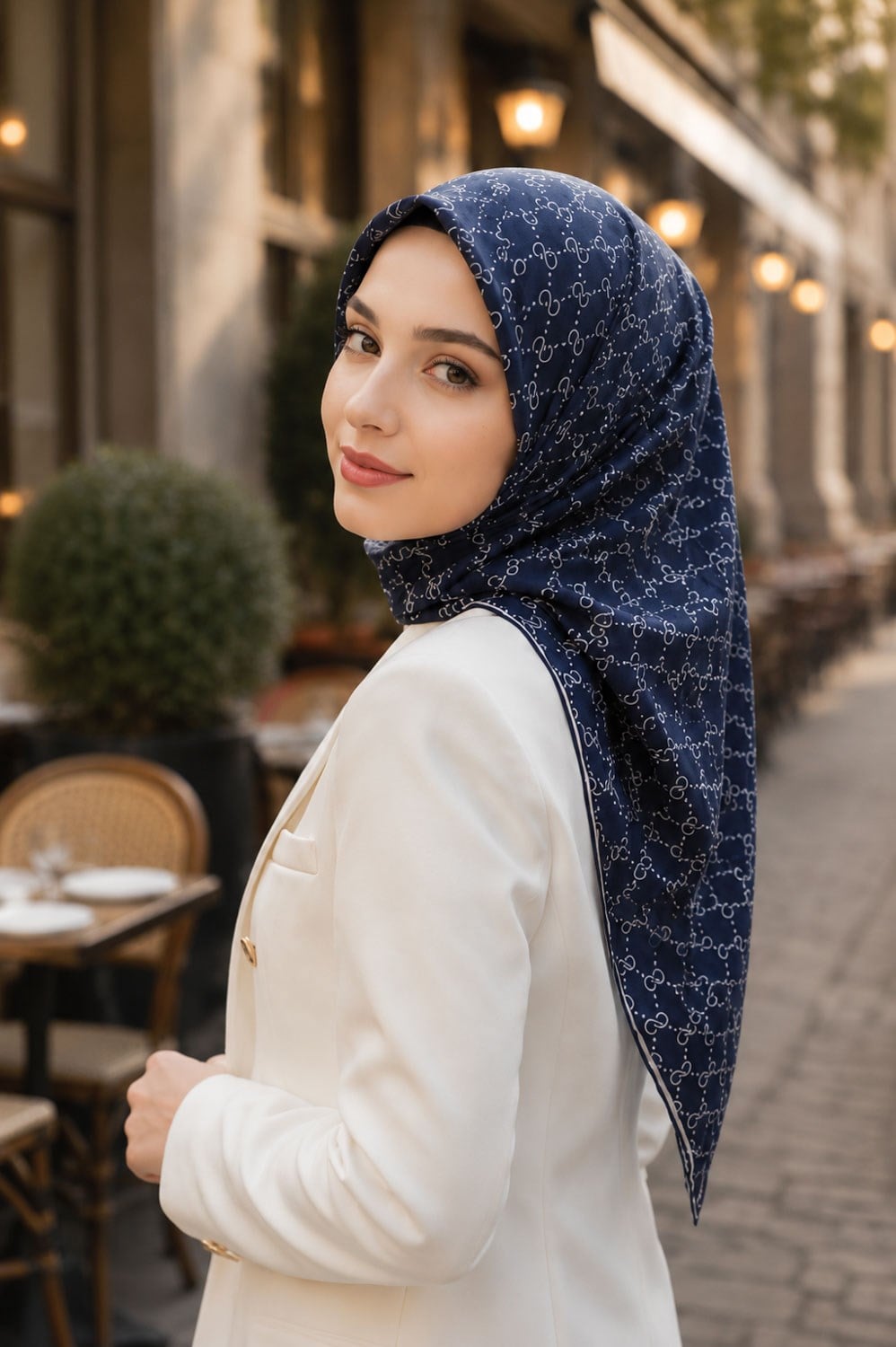 %57 İPEK %43 VİSKON Twill İpek Leopar Desenli Lacivert - Beyaz Renkli 90x90 Eşarp Dikim Şekli : El Dikişi
