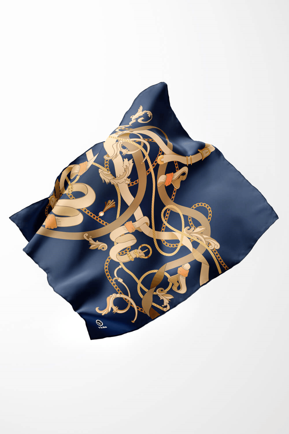 Twill Kemerli Ve Zincir Desenli İndigo Renkli 90x90 Eşarp (İpek İçermez) Kenar Dikiş Şekli El Dikişli