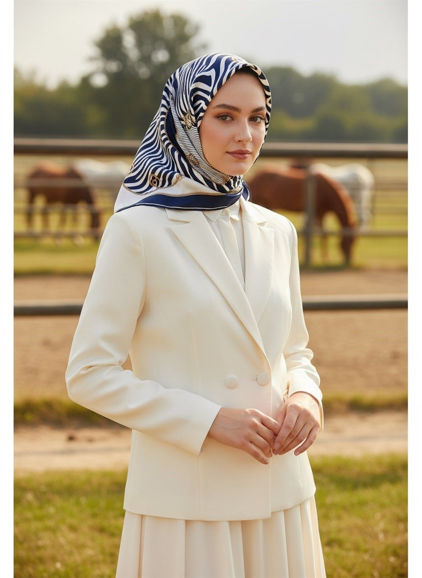 %100 Twill İpek Zincirli Ve Zebra Desenli Lacivert - Krem Renkli 90x90 Eşarp Dikim Şekli : El Dikişi