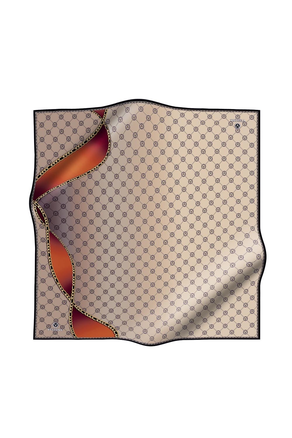 %100 Twill İpek Zincirli Ve Monogram Desenli Bej - Taba Renkli 90x90 Eşarp Dikim Şekli : El Dikişi