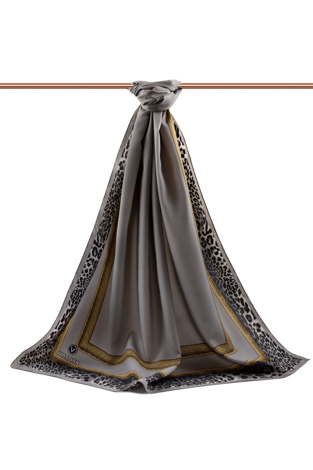 LÜKS MEDİNE İPEĞİ LEOPAR BORDÜR DESENLİ GRİ RENKLİ 75X195 KIRIŞMAZ ŞAL MOSS KREP DİKİŞ TİPİ İTALYAN DİKİŞLİ