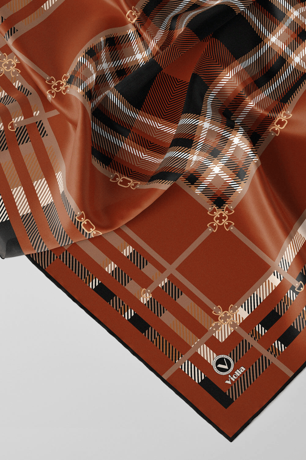 Twill Kemerli ve Ekose Desenli Taba Renkli 90x90 Eşarp (İpek İçermez)Kenar Dikiş Şekli El Dikişli