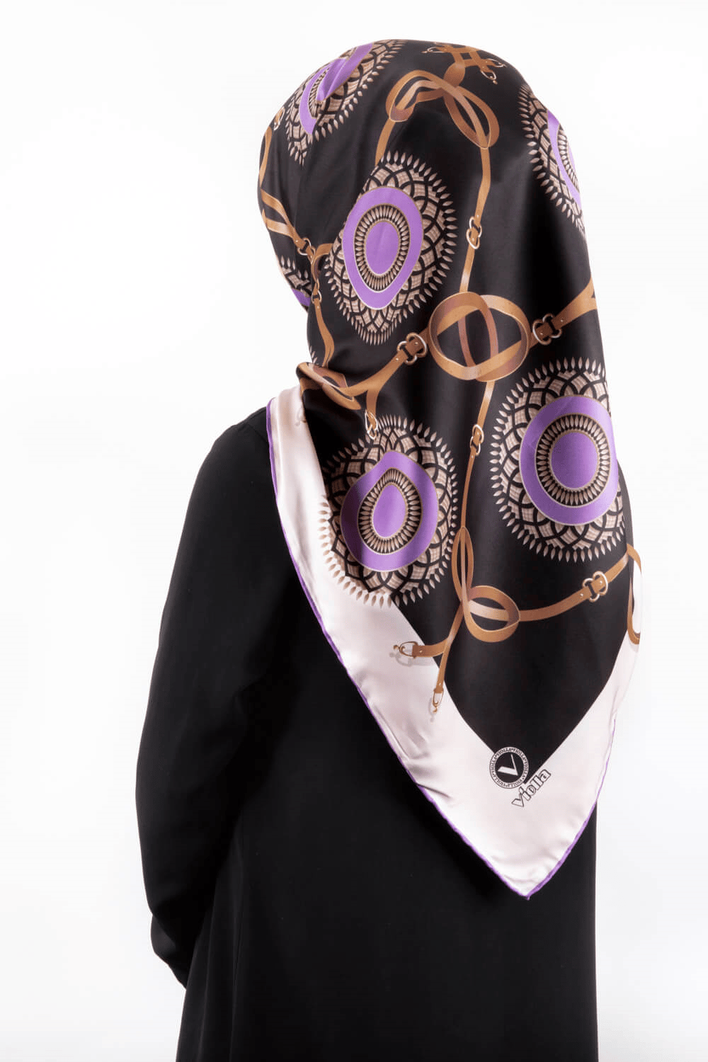 Twill Kemerli Ve Geometrik Desenli Lila Renkli 90x90 Eşarp (İpek İçermez) Kenar Dikiş Şekli El Dikişli