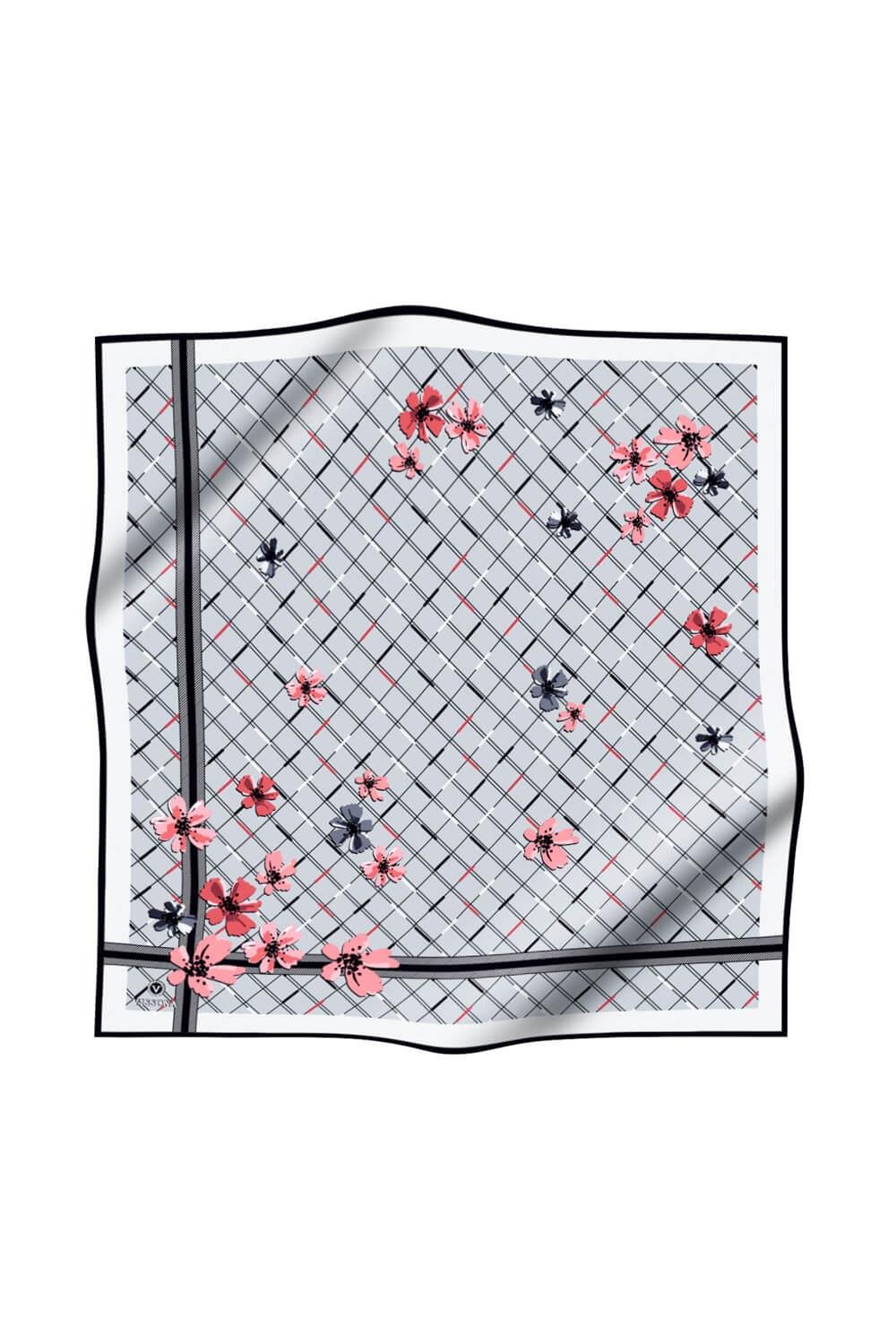%100 Twill İpek Çıtır Çiçek Desenli Gümüş - Pembe Renkli 90x90 Eşarp Dikim Şekli : El Dikişi