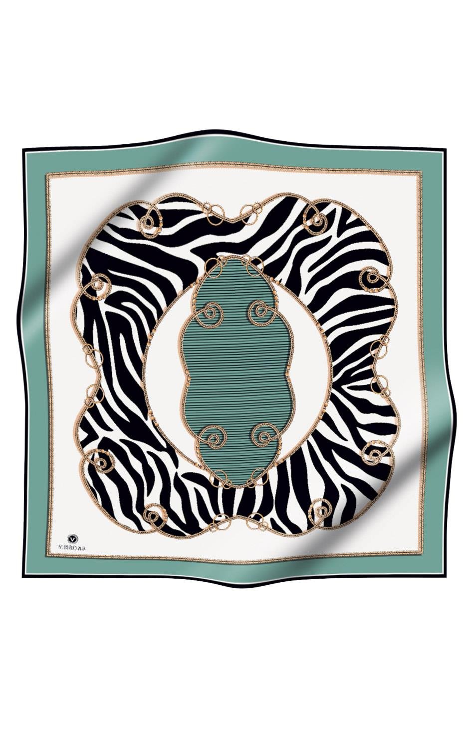 %100 Twill İpek Zincirli Ve Zebra Desenli Su Yeşili - Krem Renkli 90x90 Eşarp Dikim Şekli : El Dikişi