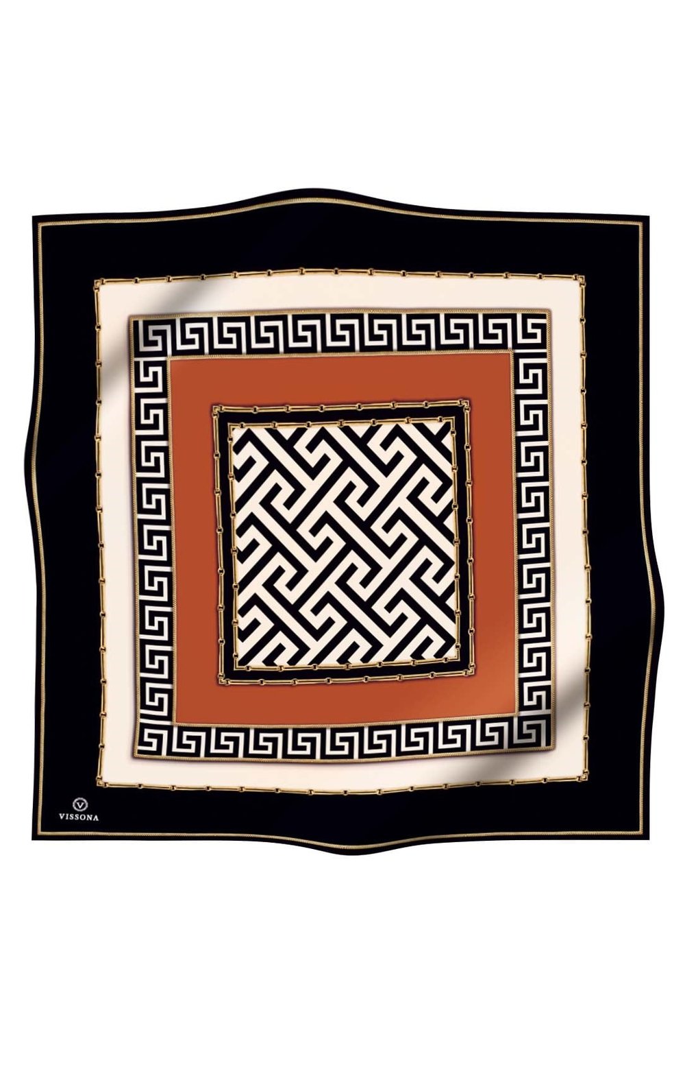 % 57 İPEK % 43 VİSKON Twill İpek Labirent Ve Geometrik Desenli Taba - Siyah Renkli 90x90 Eşarp Dikim Şekli : El Dikişi
