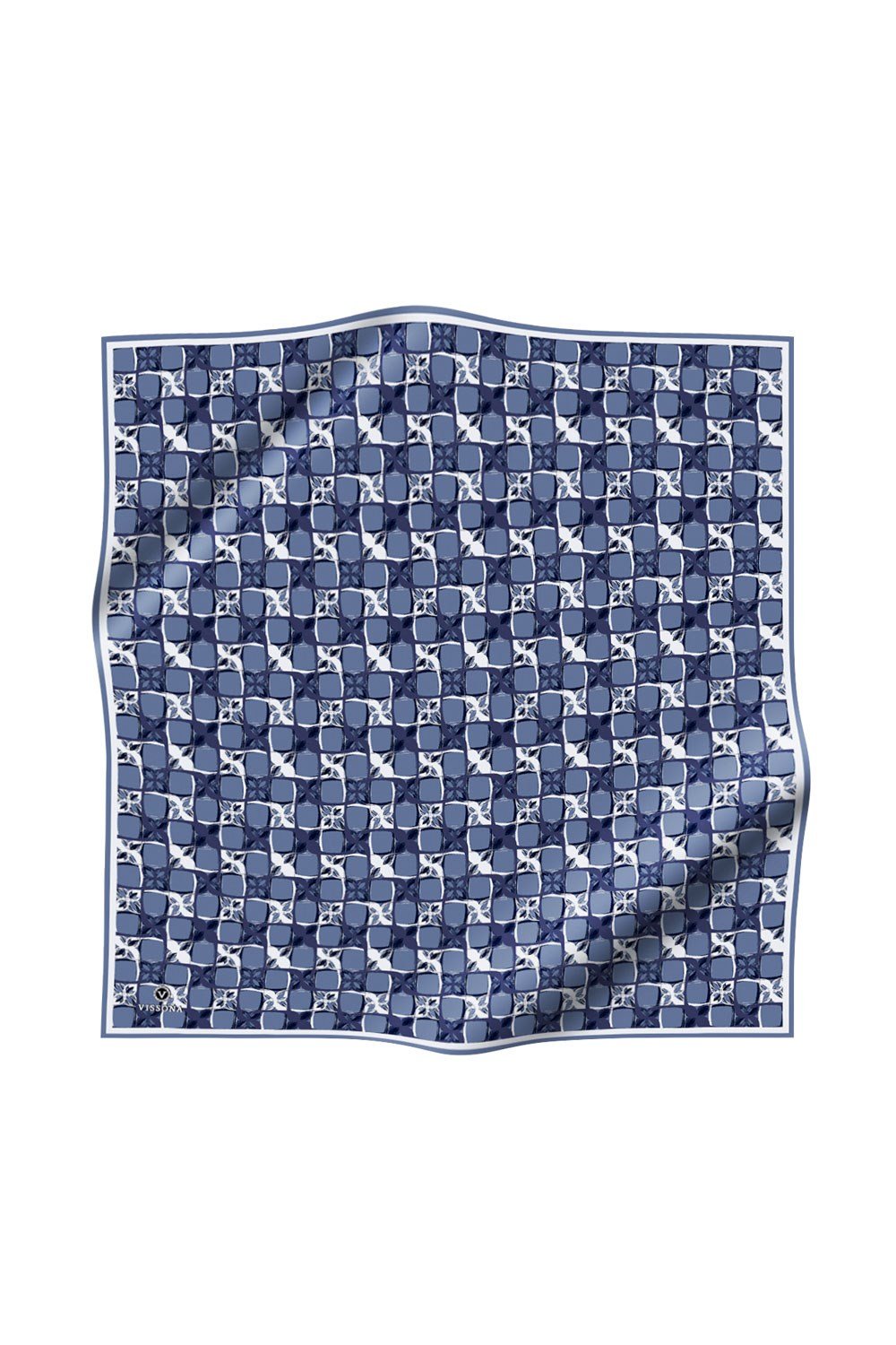%100 Twill İpek Geometrik Desenli İndigo - Lacivert Renkli 90x90 Eşarp Dikim Şekli : El Dikişi