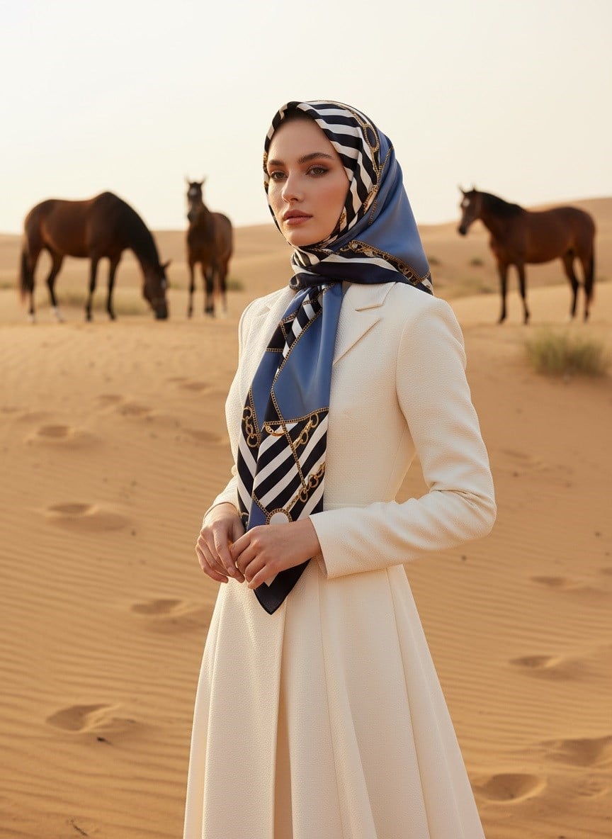 %100 Twill İpek Zincirli Çizgi Desenli Siyah - İndigo Renkli 90x90 Eşarp Dikim Şekli : El Dikişi