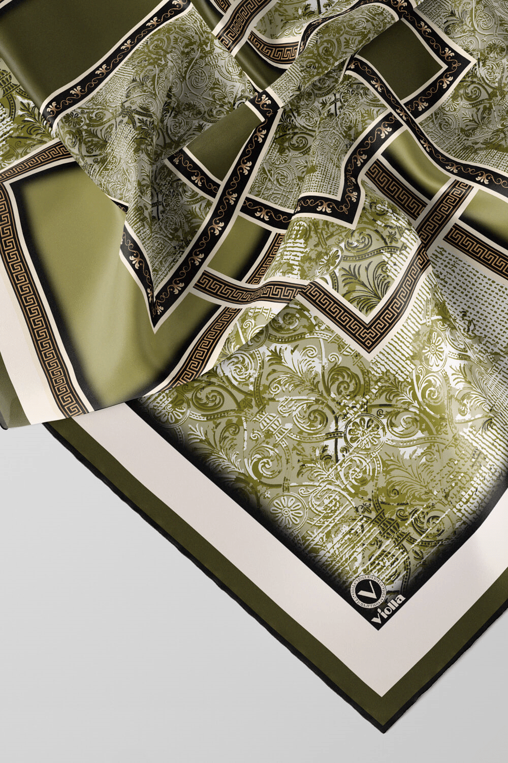 Twill Geometrik Desenli Haki Renkli 90x90 Eşarp (İpek İçermez) Kenar Dikiş Şekli El Dikişli