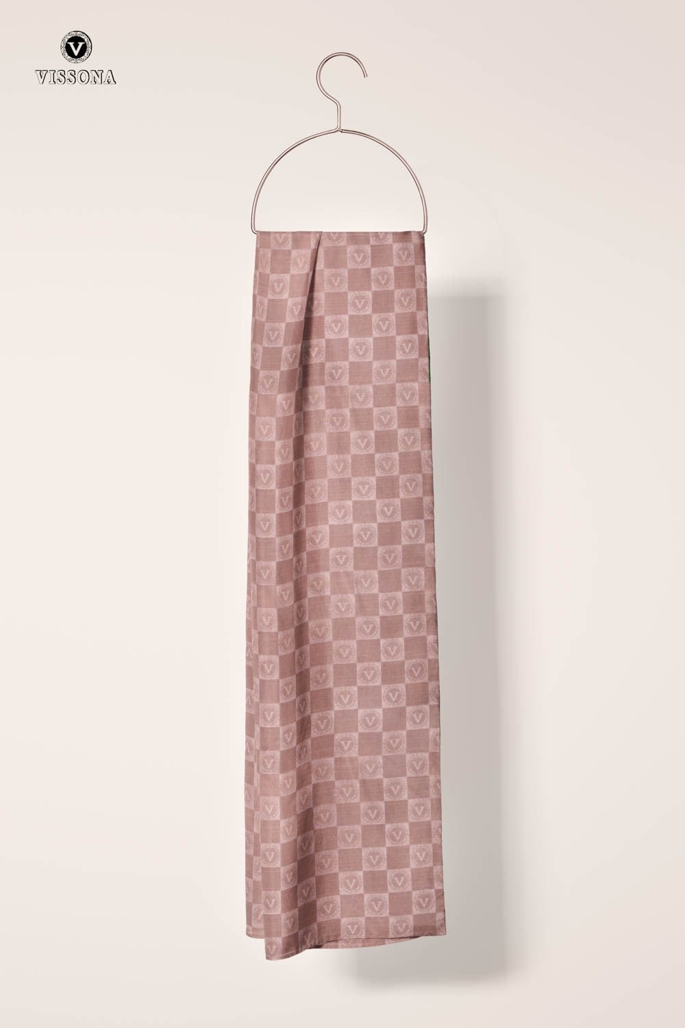 Vissona %57 İPEK %43 PAMUK Monogram Desenli Bakır Renkli Şal -  70x190 Dikiş Tipi İtalyan Dikişli