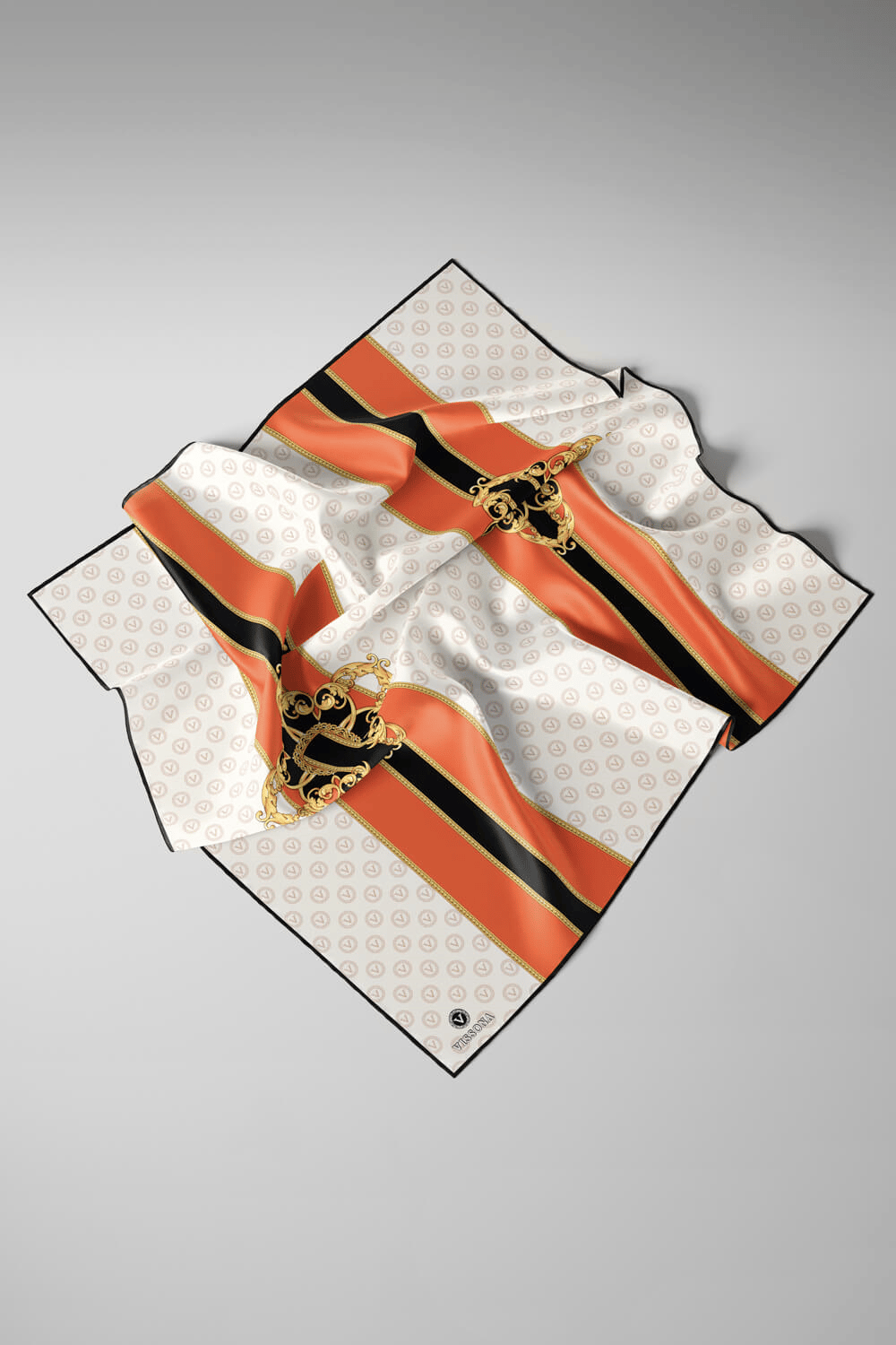 %100 Twill İpek Monogramlı Ve Barok Desenli Turuncu - Gold Renkli 90x90 Eşarp Dikim Şekli : El Dikişi