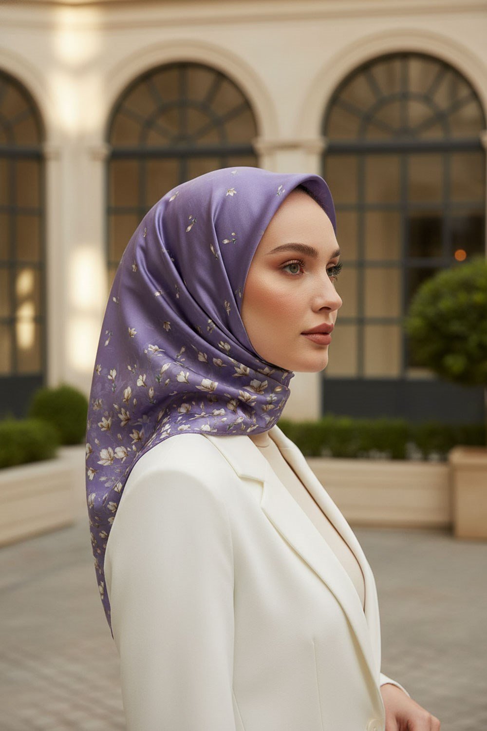 %100 Twill İpek Çiçek Desenli Lila Renkli 90x90 Eşarp Dikim Şekli : El Dikişi