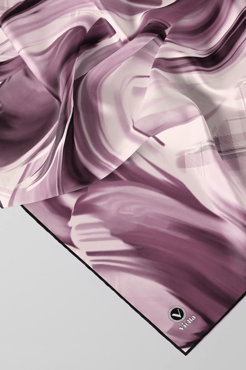 Twill Dalga ve Ekose Desenli Lila Renkli 90x90 Eşarp (İpek İçermez)Kenar Dikiş Şekli El Dikişli