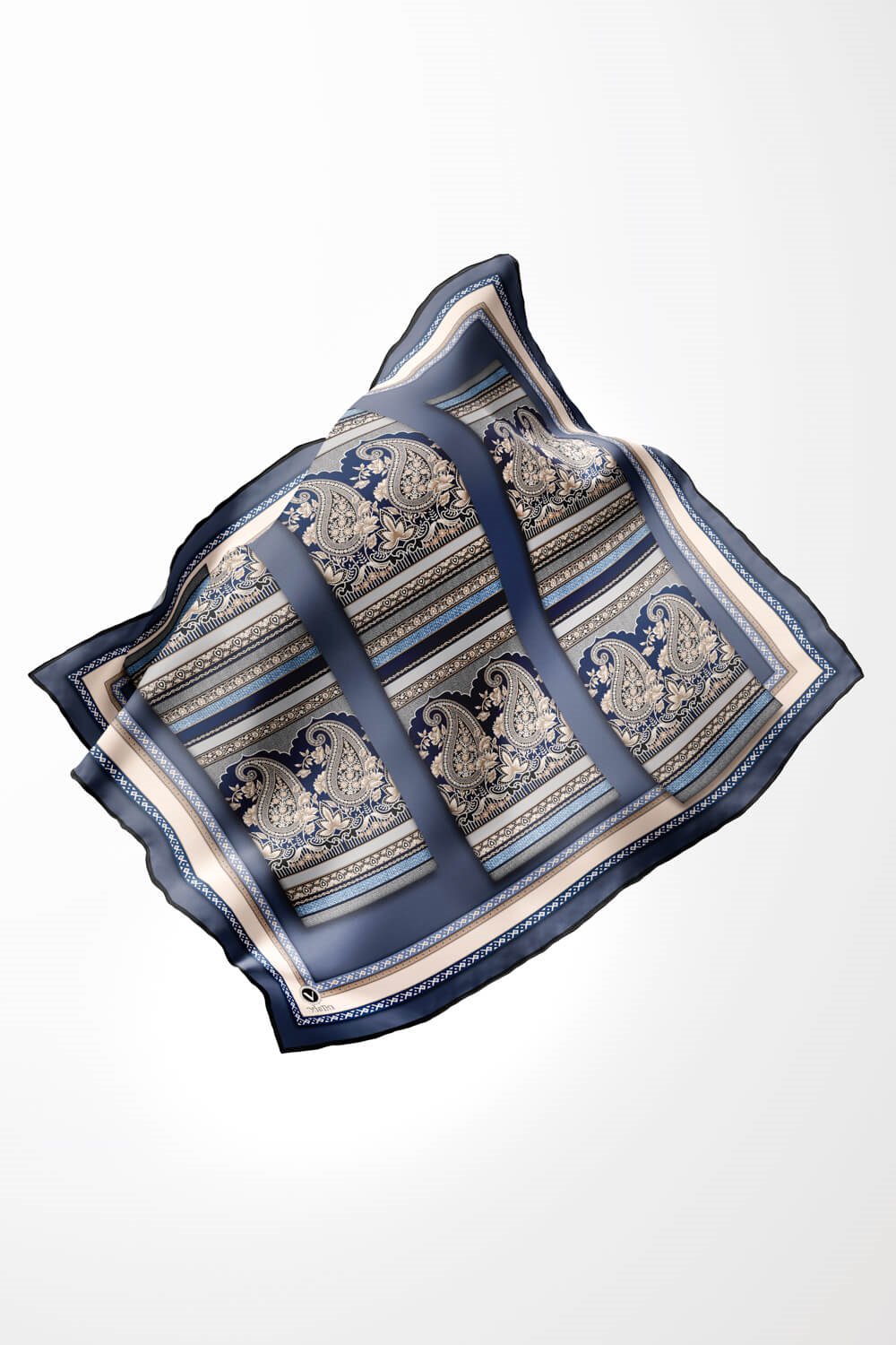 Twill Şal Desenli İndigo - Gri Renkli 90x90 Eşarp (İpek İçermez) Kenar Dikiş Şekli El Dikişli