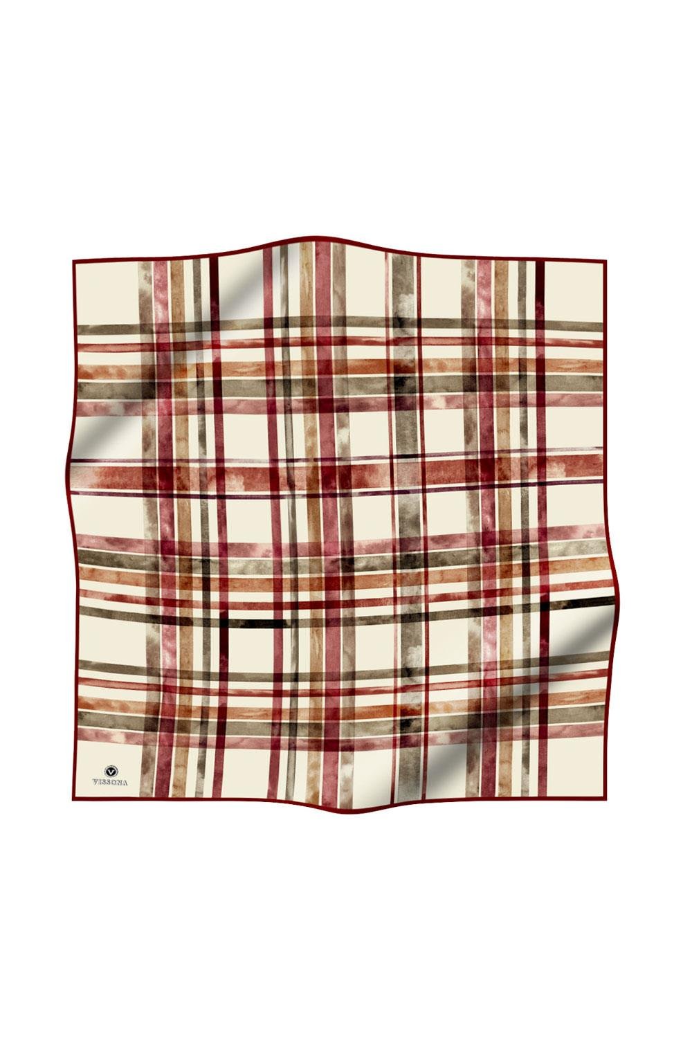 %100 Twill İpek Ekose Desenli Bordo - Haki Renkli 90x90 Eşarp Kenar Dikiş Şekli El Dikişli