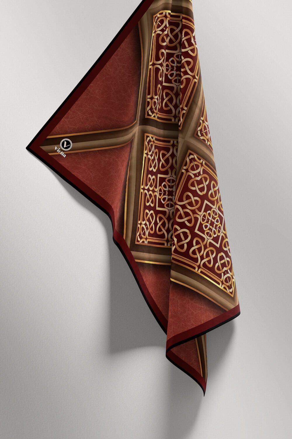Twill Gold Çerçeveli Barok Desenli Taba Renkli 90x90 Eşarp (İpek İçermez) Kenar Dikiş Şekli El Dikişli
