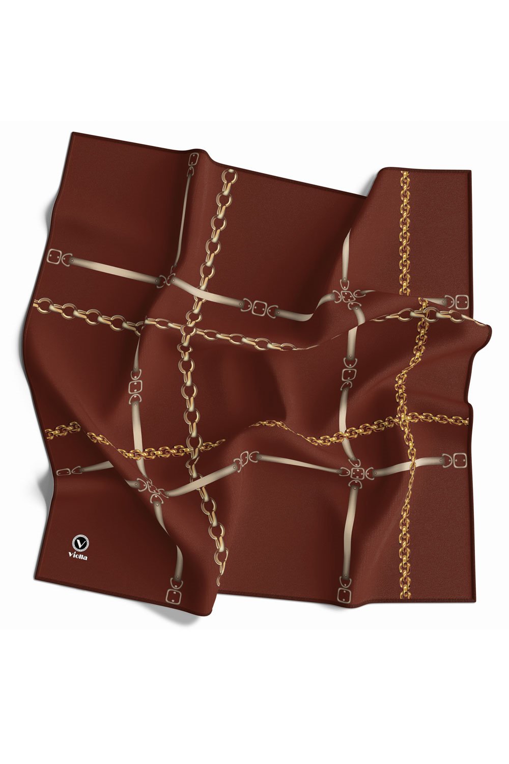 Twill Zincir ve Kemer Desenli Taba Renkli 90x90 Eşarp (İpek İçermez) Kenar Dikiş Şekli El Dikişli