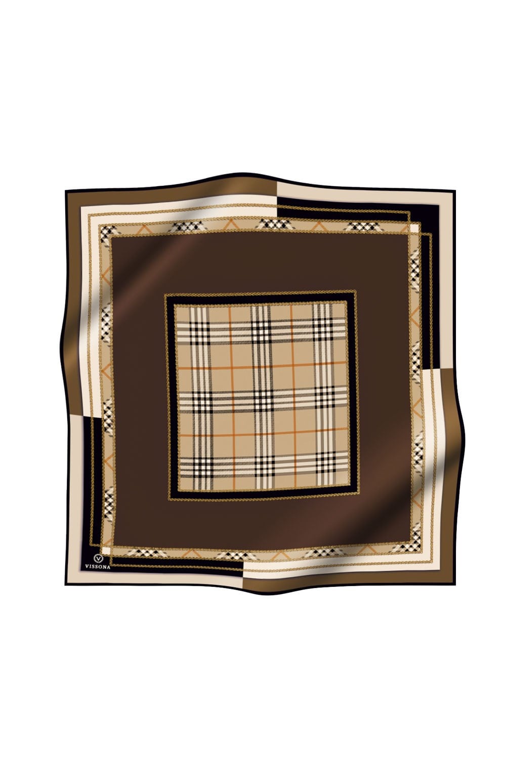 %100 Twill İpek Ekose Desenli Kahverengi Renkli 90x90 Eşarp Dikim Şekli : El Dikişi