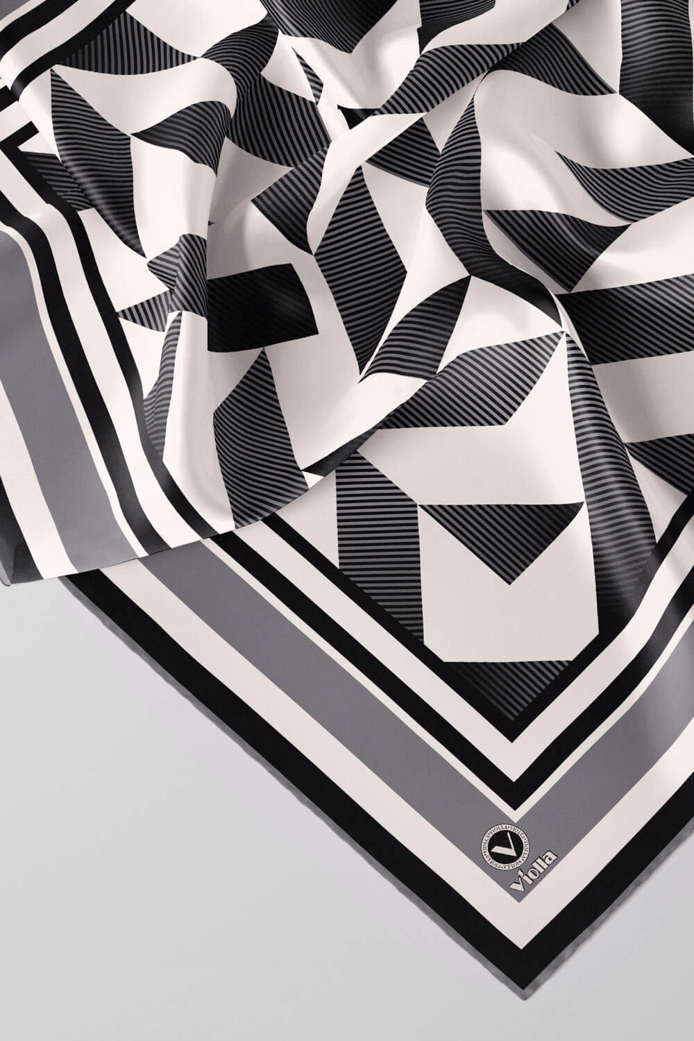 Twill Geometrik Desenli Gri Renkli 90x90 Eşarp (İpek İçermez) Kenar Dikiş Şekli El Dikişli