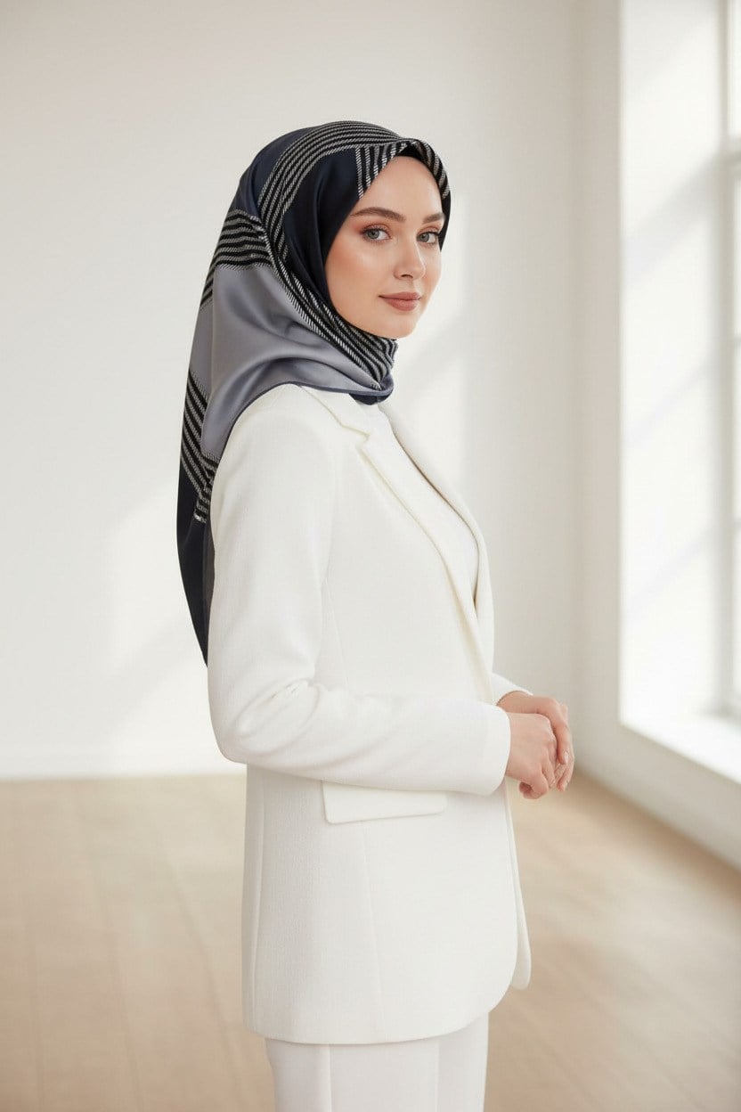 %100 Twill İpek Geometrik Desenli İndigo Renkli 90x90 Eşarp Dikim Şekli : El Dikişi
