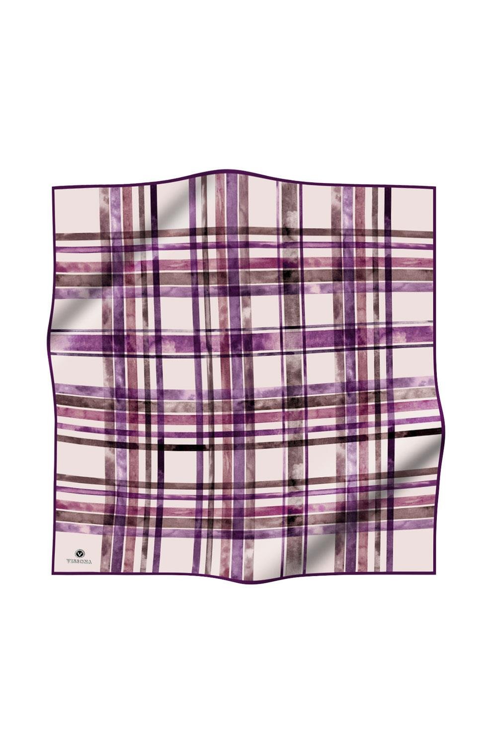 %100 Twill İpek Ekose Desenli Mürdüm - Vizon Renkli 90x90 Eşarp Kenar Dikiş Şekli El Dikişli