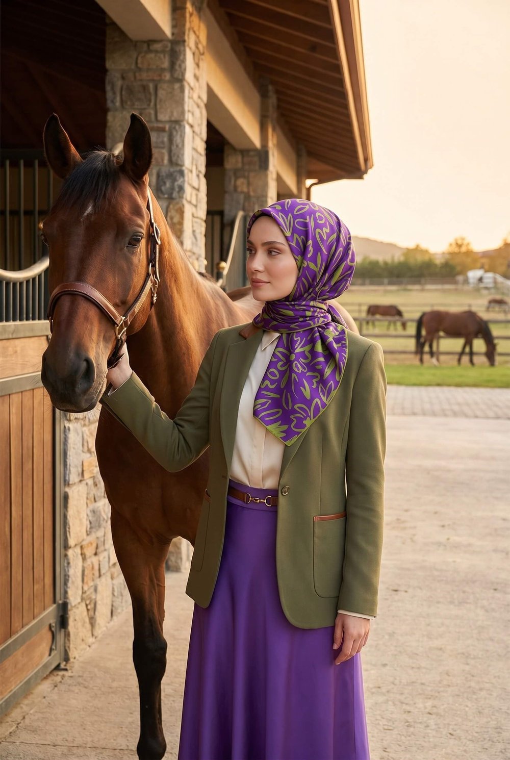 %100 Twill İpek Büyük Çiçek Desenli Mor - Haki Renkli 90x90 Eşarp Dikim Şekli : El Dikişi