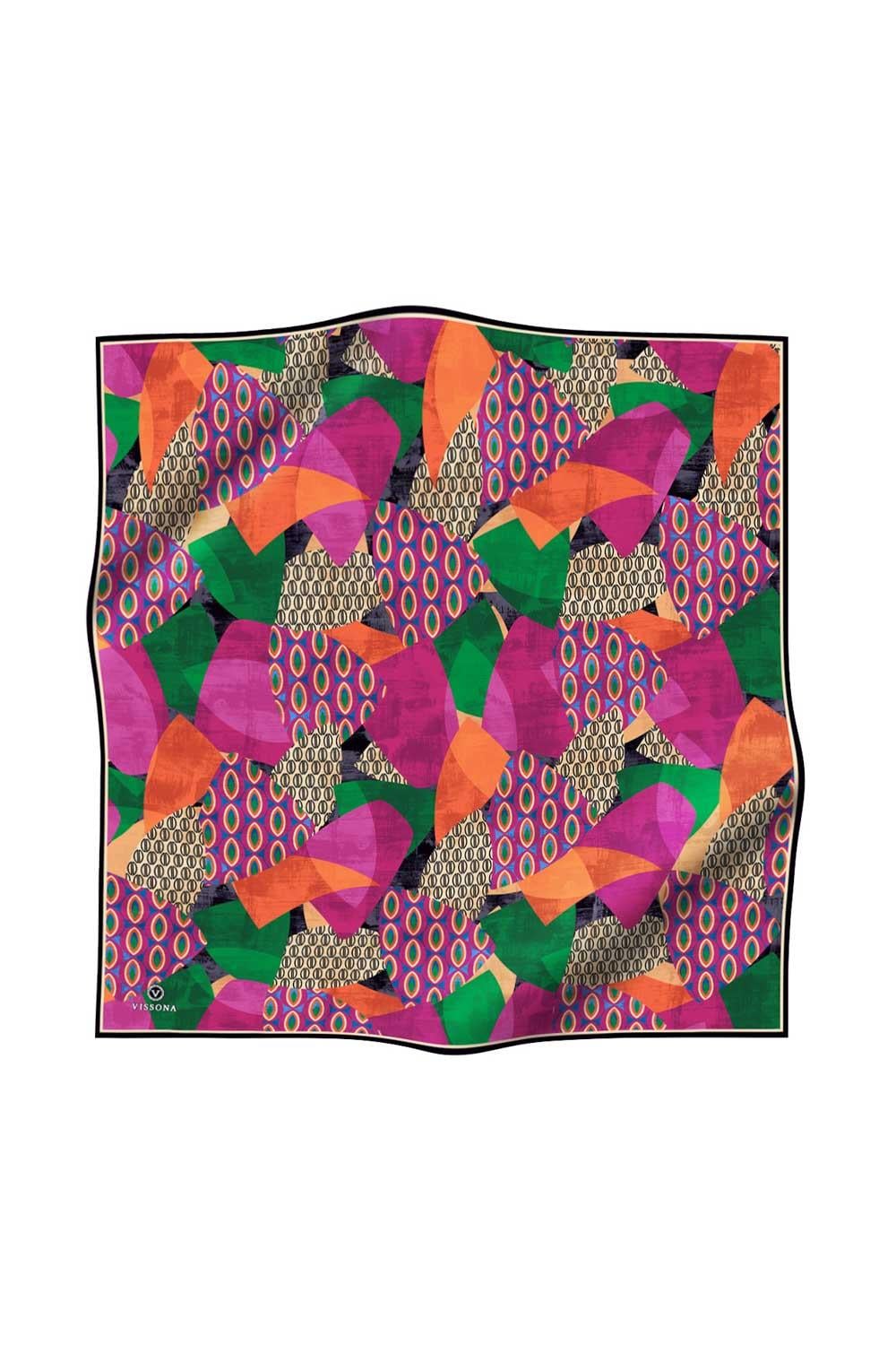 %100 Twill İpek Geometrik Desenli Fuşya - Zümrüt Yeşili Renkli 90x90 Eşarp Eşarp Kenar Dikiş Şekli El Dikişli