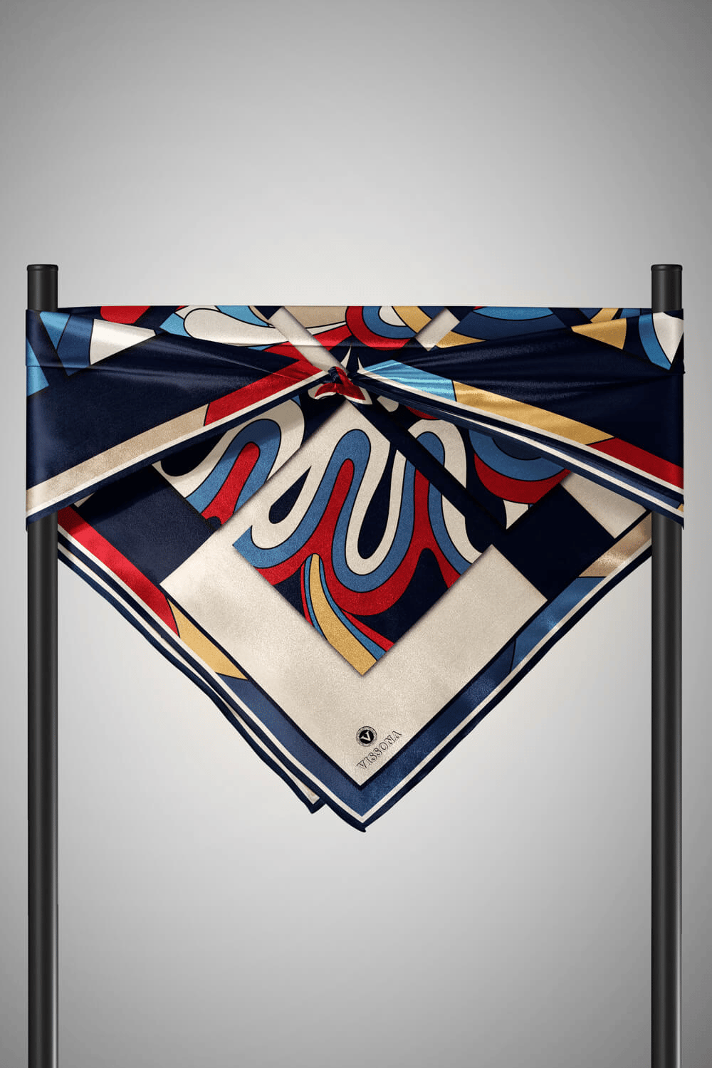 % 57 İPEK % 43 VİSKON Twill İpek Geometrik Desenli Lacivert - Bordo Renkli 90x90 Dikim Şekli : El Dikişi Eşarp